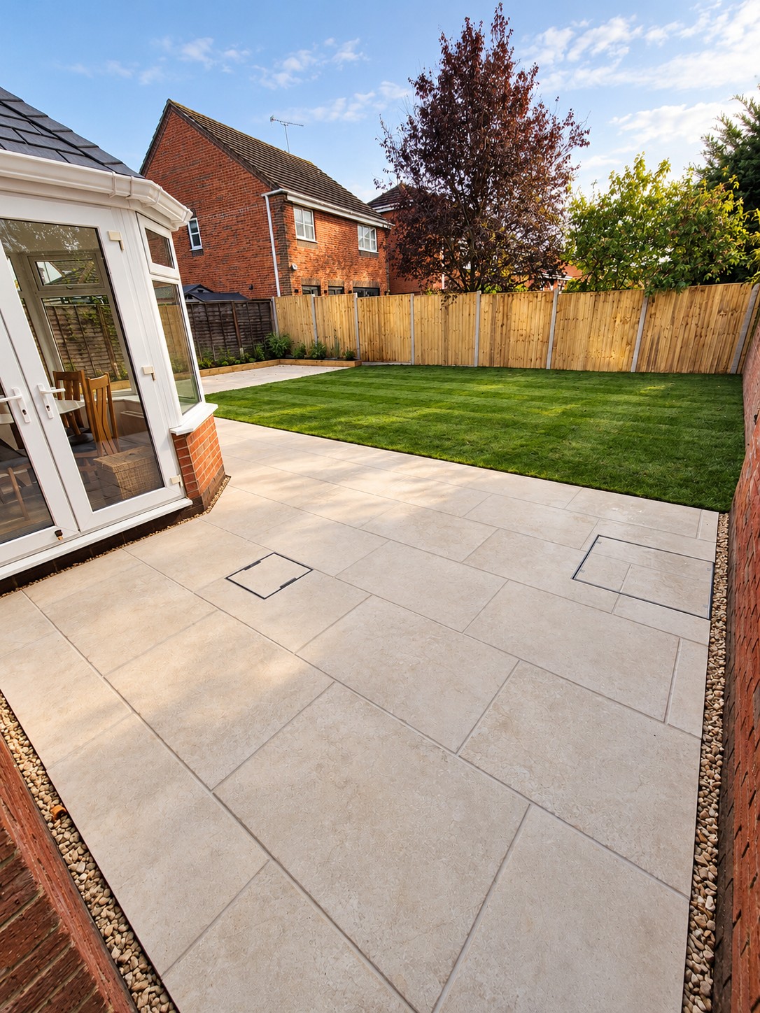 Light paving with a freshly laid lawn and new timber fencing