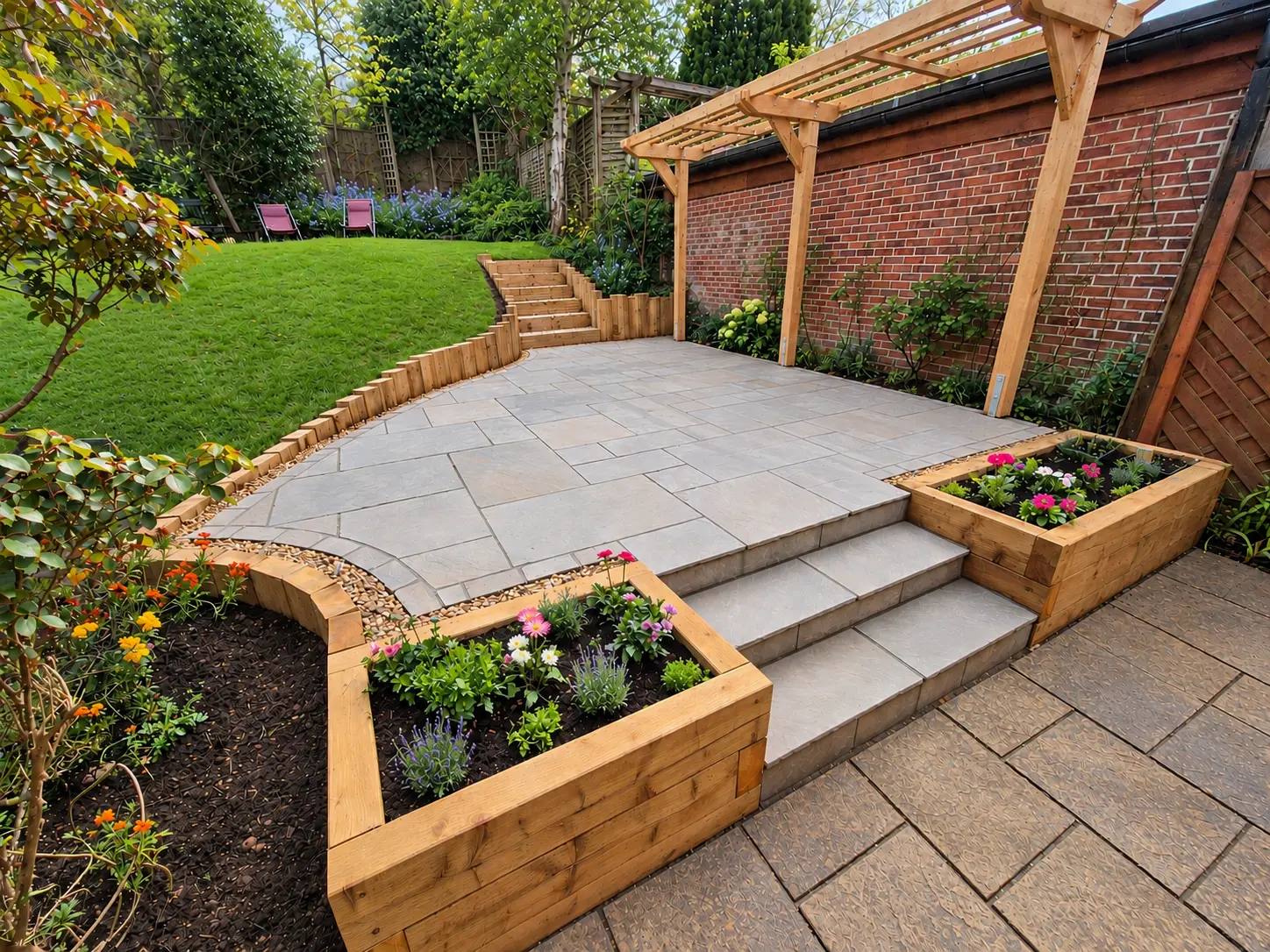 Paved patio with timber pergola, raised flower beds and steps to the lawn